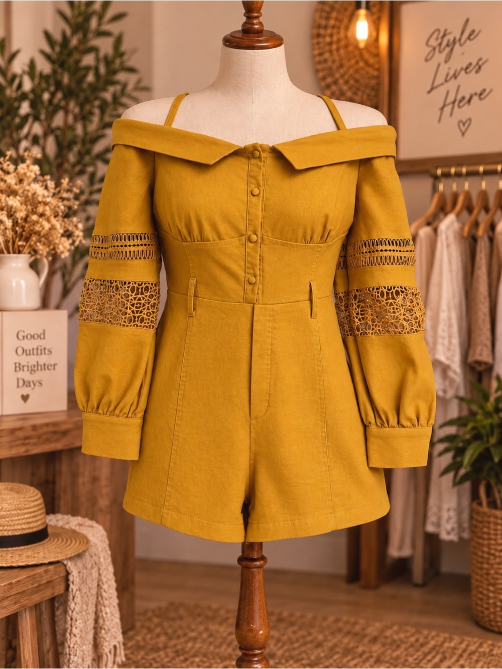 Off-Shoulder Crochet Sleeve Mustard Romper with Button Front